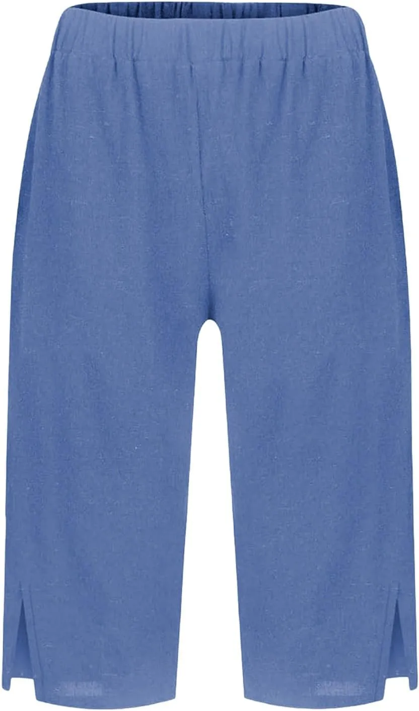 Women Causal Knee Linen Pants Elastic High Waist Straight Leg Bottom Split Capri Pant Lightweight Summer Lounge Slack