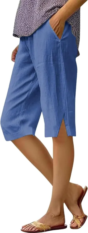 Women Causal Knee Linen Pants Elastic High Waist Straight Leg Bottom Split Capri Pant Lightweight Summer Lounge Slack