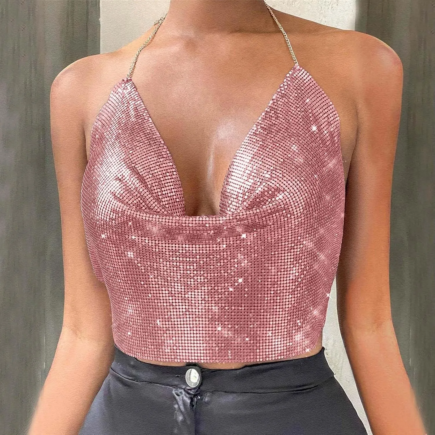 Women Chain Sexy Clothes Beading Tassel Sleeveless Backless Crop Top Club Vintage Tank Tops Wardrobe Women