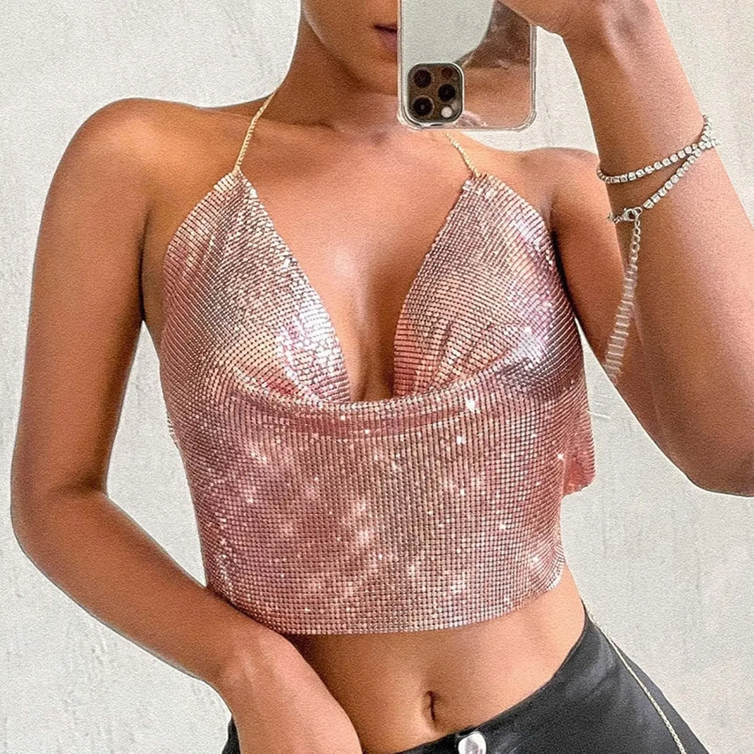 Women Chain Sexy Clothes Beading Tassel Sleeveless Backless Crop Top Club Vintage Tank Tops Wardrobe Women