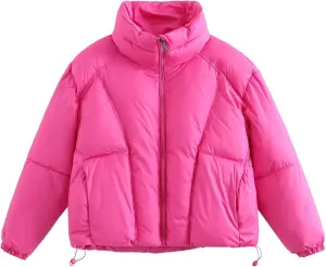 Women Cropped Puffer Jacket Stand Collar Winter Warm Puffy Quilted Jackets Drawstring Down Coats Outwear with Pockets