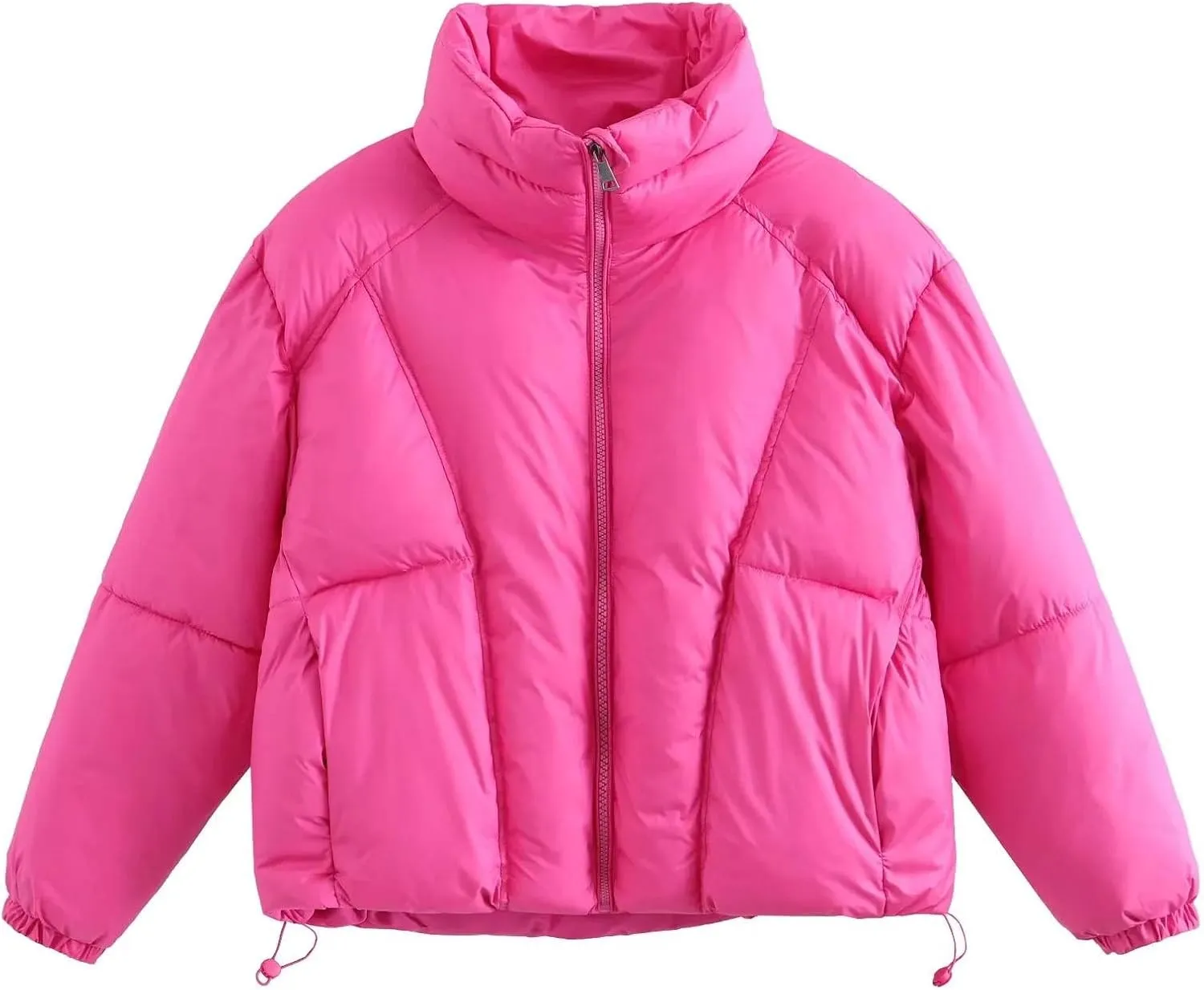 Women Cropped Puffer Jacket Stand Collar Winter Warm Puffy Quilted Jackets Drawstring Down Coats Outwear with Pockets
