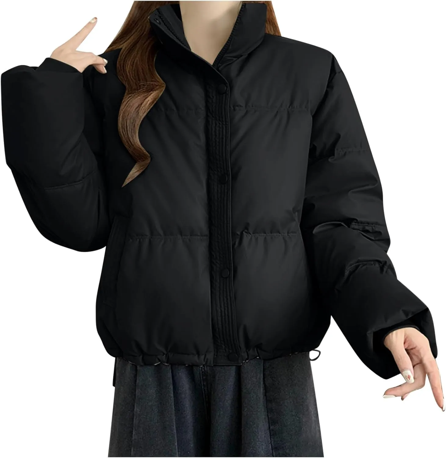 Women Cropped Puffer Jackets Lightweight Warm Winter Down Coat Short Zipped Quilted Puffy Jacket Outwear with Pockets