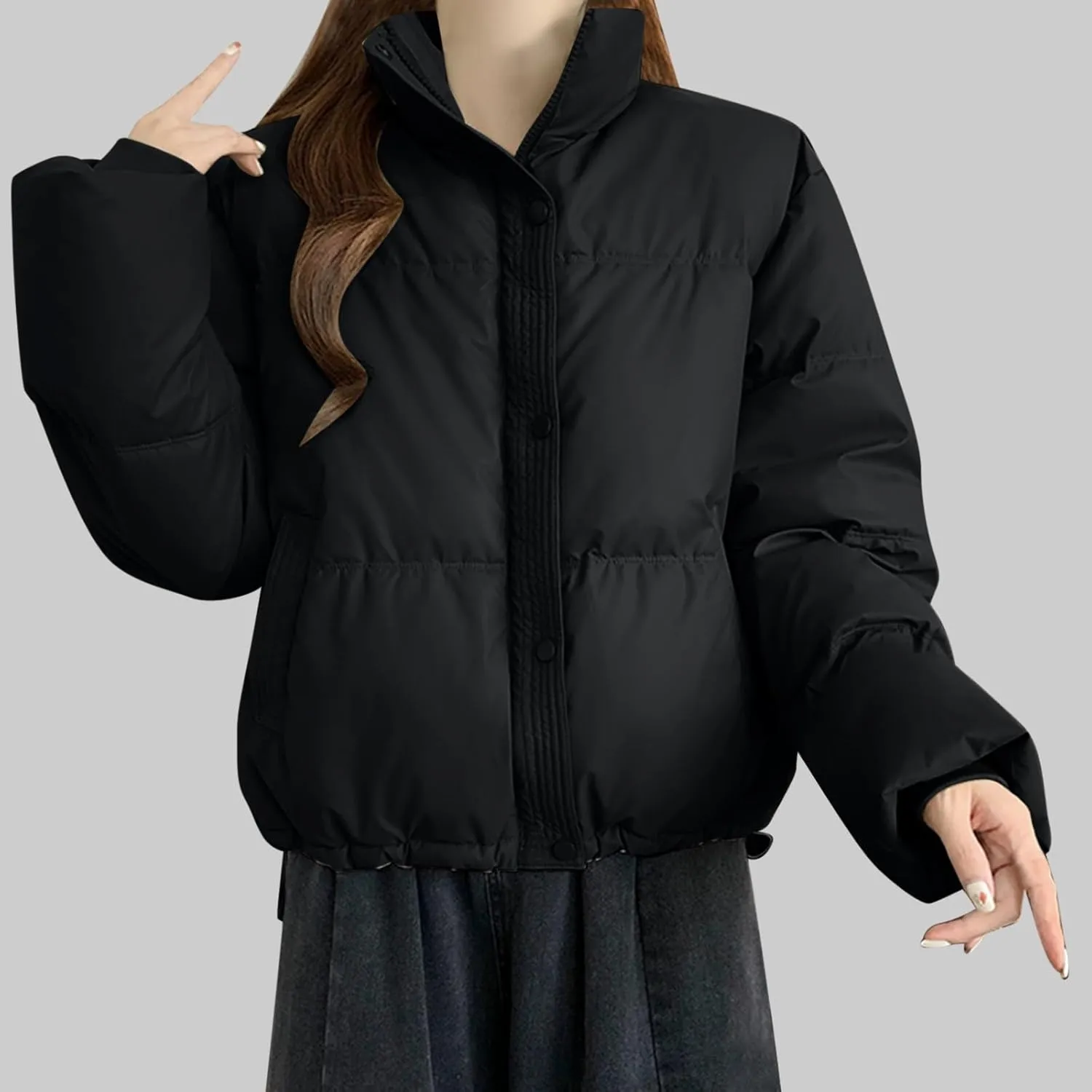 Women Cropped Puffer Jackets Lightweight Warm Winter Down Coat Short Zipped Quilted Puffy Jacket Outwear with Pockets