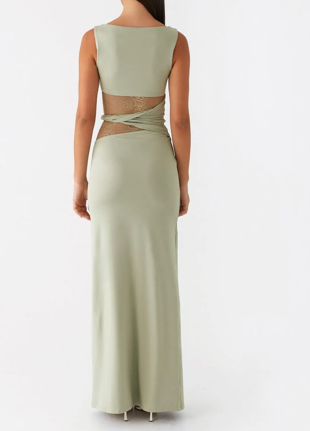 Women Elegant Lace Patchwork Slip Maxi Dress Strappy Cut Out Slim Fit Long Dress Sleeveless Bodycon Cocktail Sundress