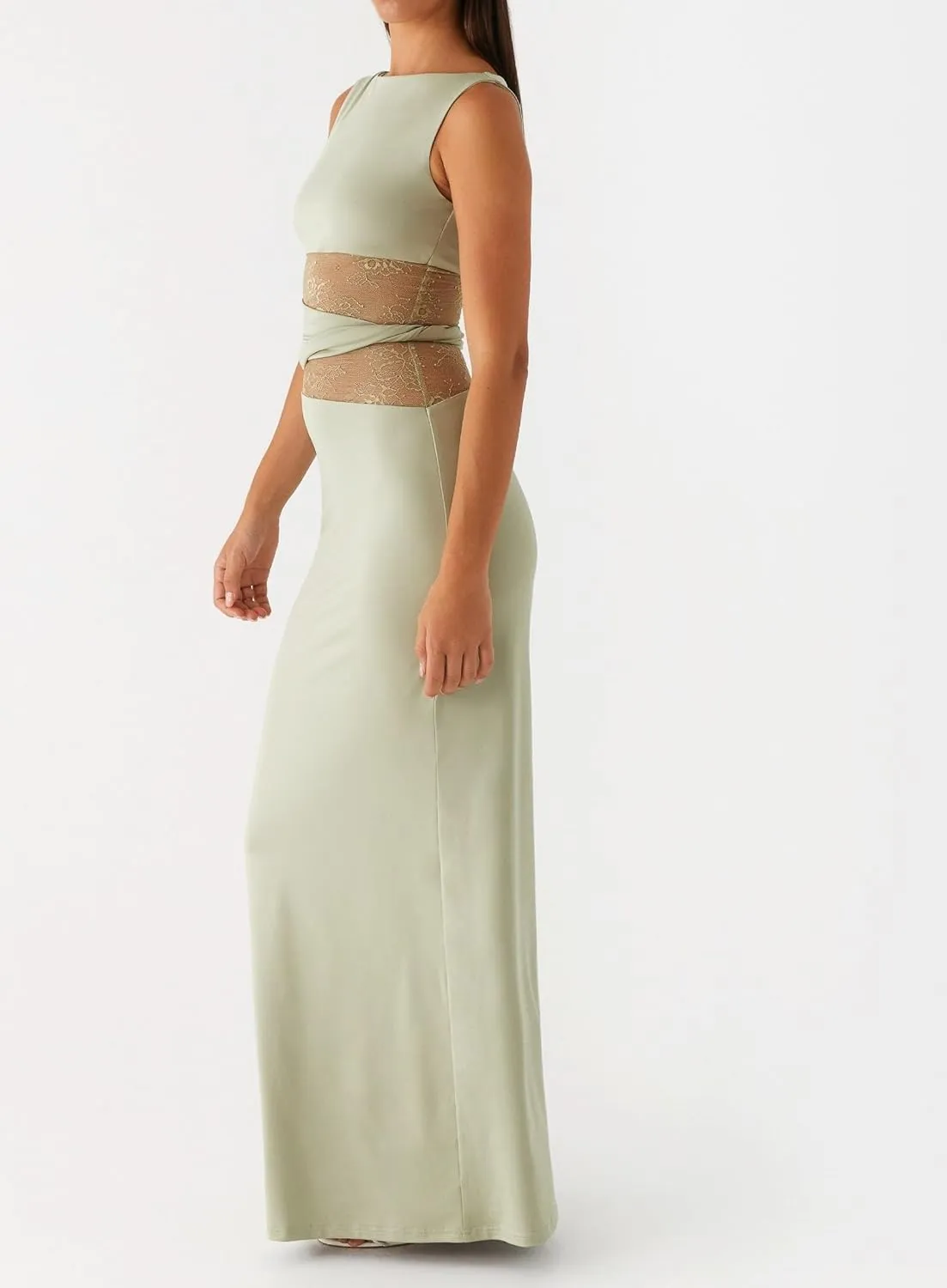 Women Elegant Lace Patchwork Slip Maxi Dress Strappy Cut Out Slim Fit Long Dress Sleeveless Bodycon Cocktail Sundress