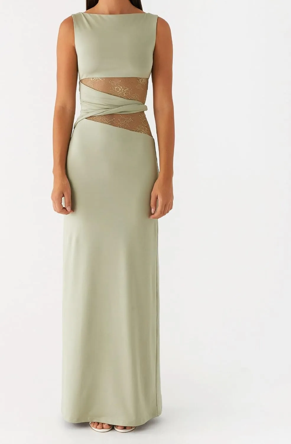 Women Elegant Lace Patchwork Slip Maxi Dress Strappy Cut Out Slim Fit Long Dress Sleeveless Bodycon Cocktail Sundress
