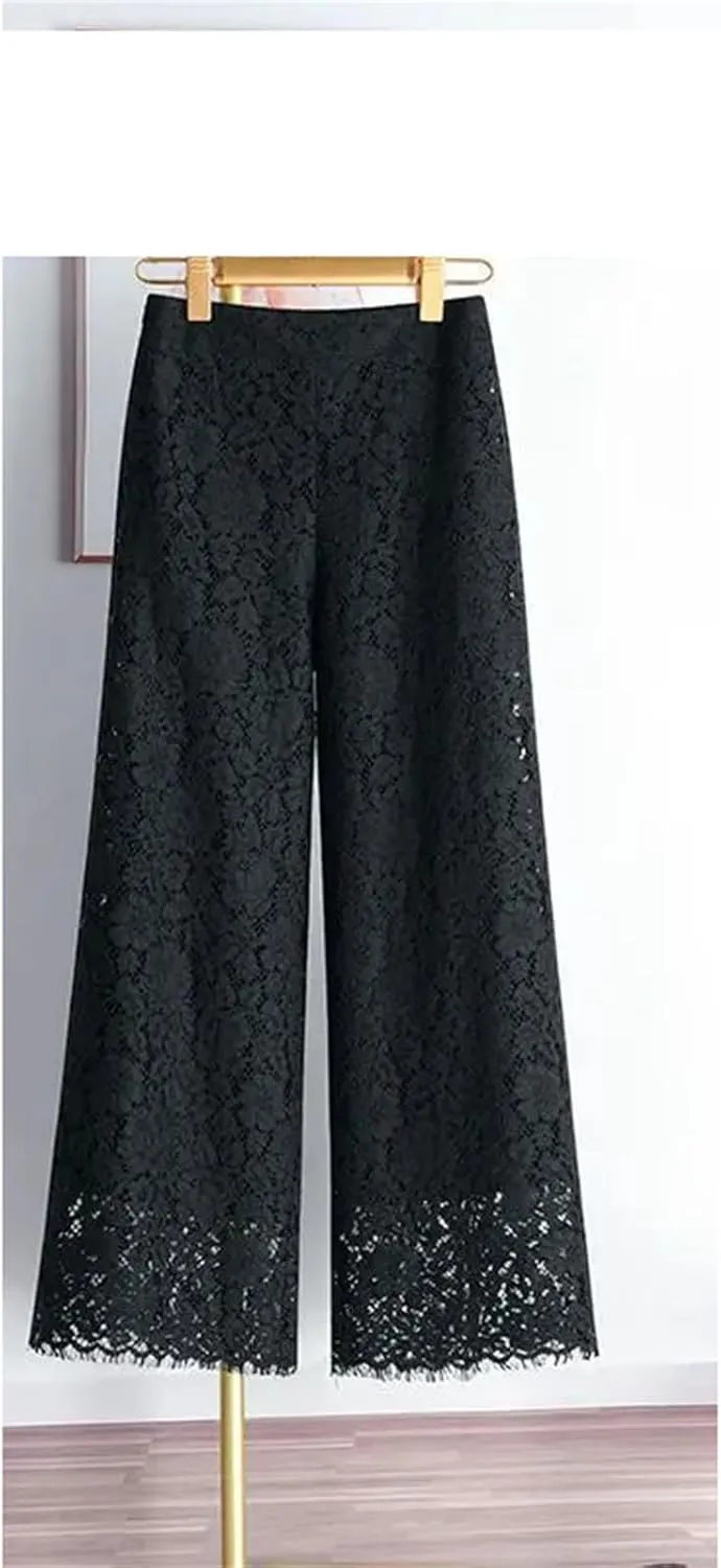 Women Lace Wide Leg Pants Bottoms Loose Straight Trousers High Waist Solid Color Summer Pant