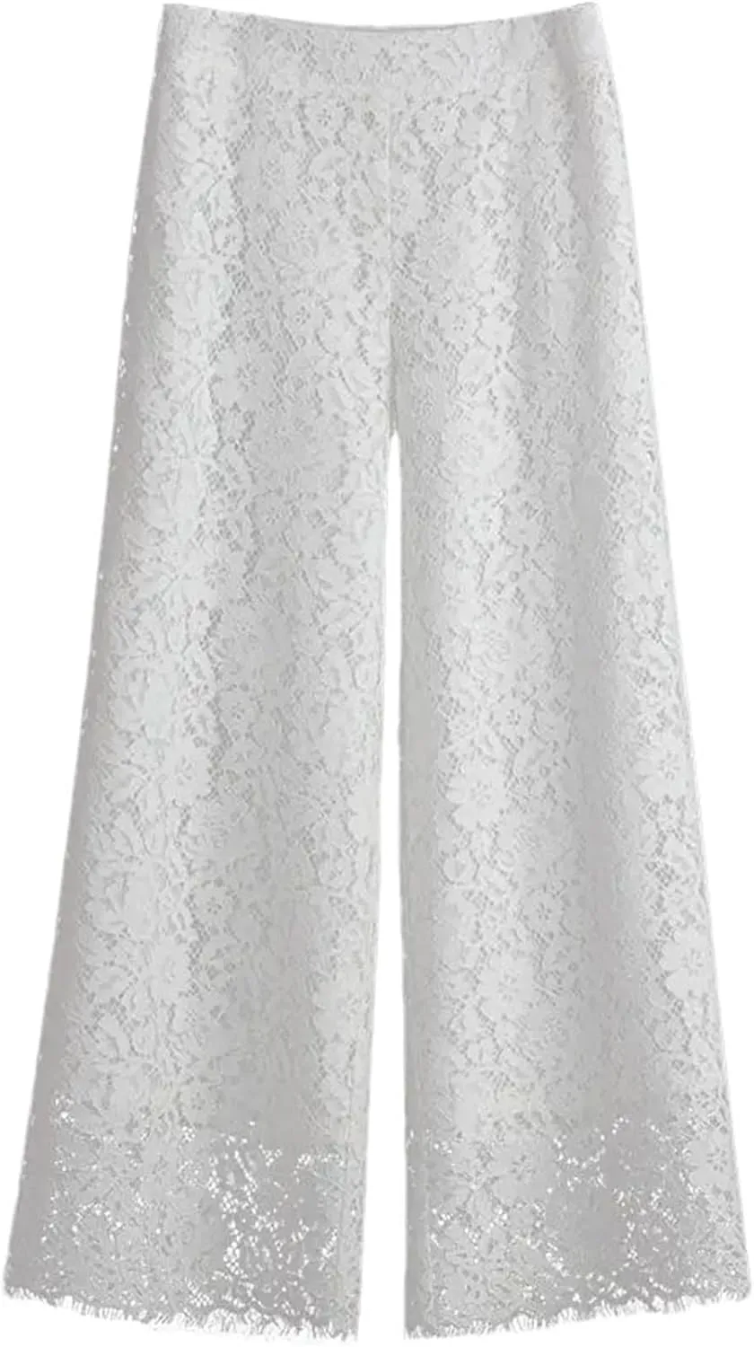 Women Lace Wide Leg Pants Bottoms Loose Straight Trousers High Waist Solid Color Summer Pant