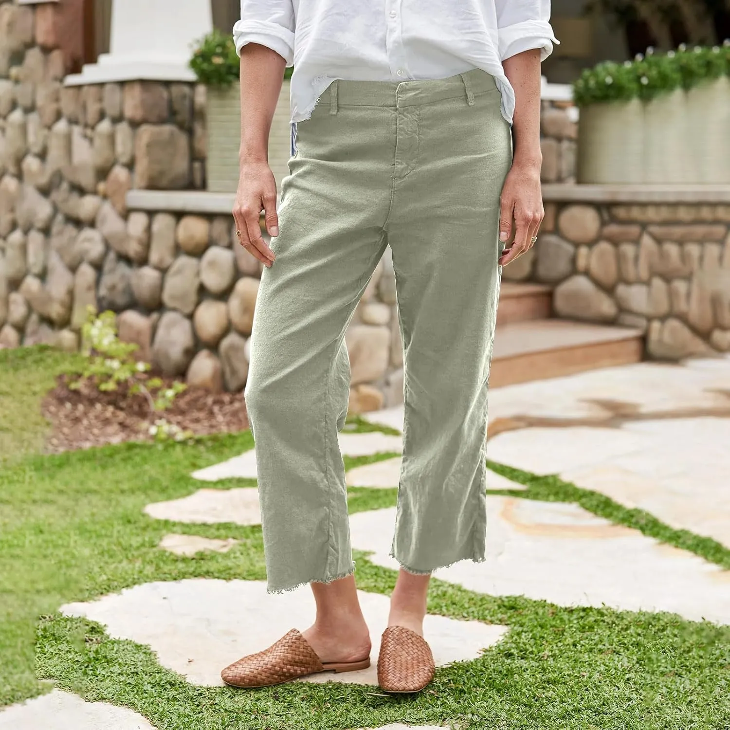 Women Linen Pants Wide Leg Cropped Pants with Raw Hem Casual Chino Pants with Pockets Loose Dressy Sailor Pants