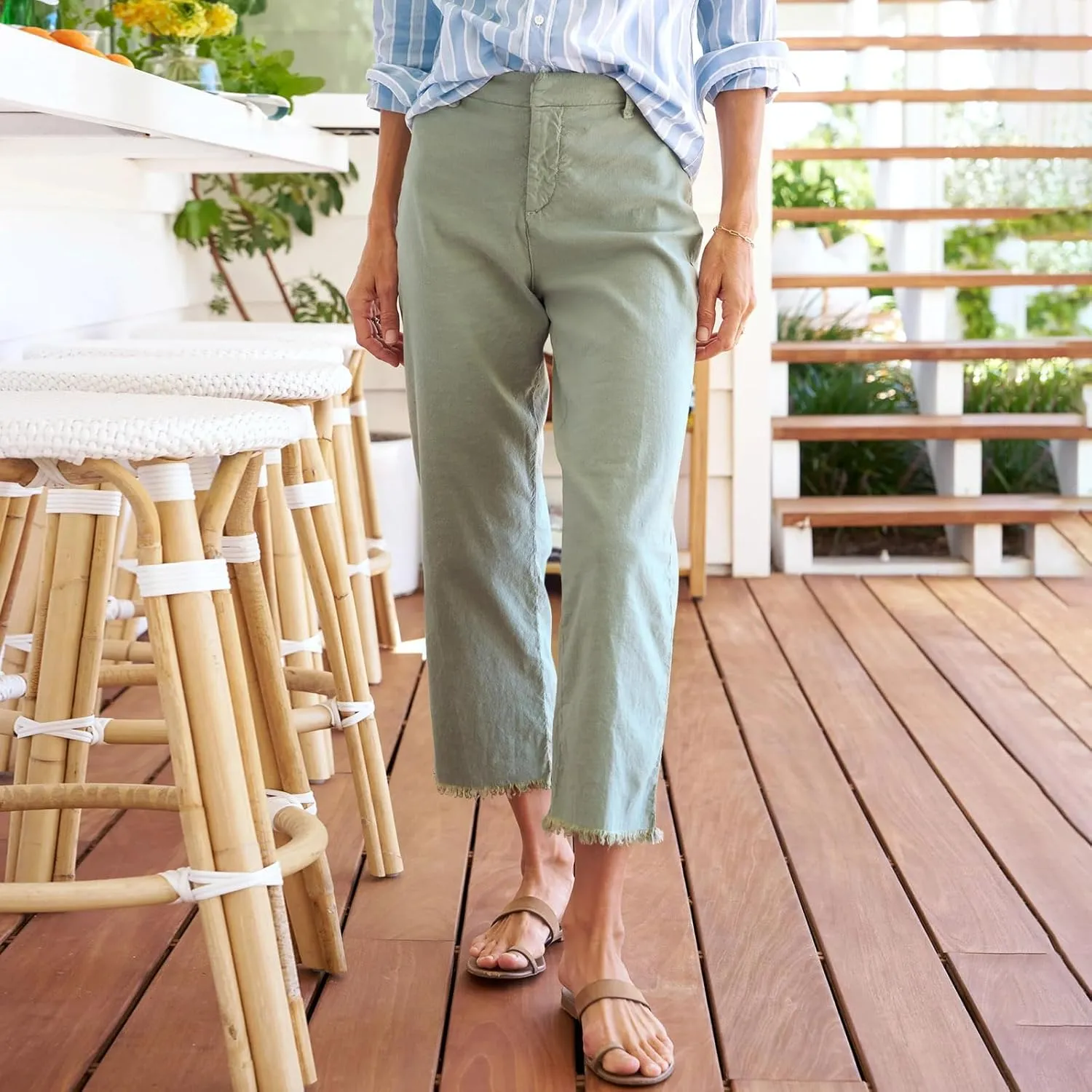 Women Linen Pants Wide Leg Cropped Pants with Raw Hem Casual Chino Pants with Pockets Loose Dressy Sailor Pants