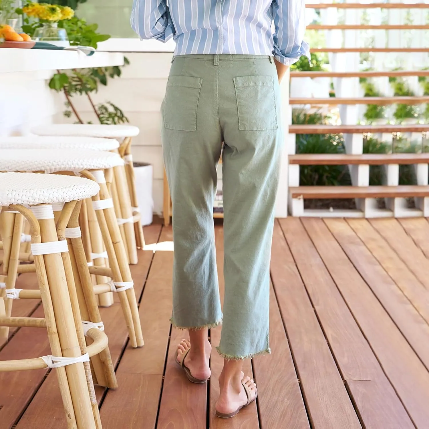 Women Linen Pants Wide Leg Cropped Pants with Raw Hem Casual Chino Pants with Pockets Loose Dressy Sailor Pants