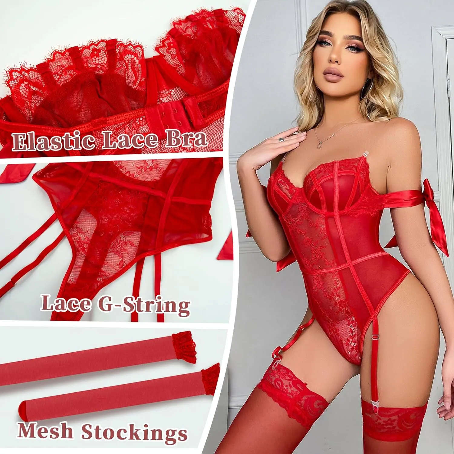 Women Lingerie Sets Lace Bodysuit with Stockings Embroidered Hollow Out Bow Sexy 2 Piece Lingerie Set For Women