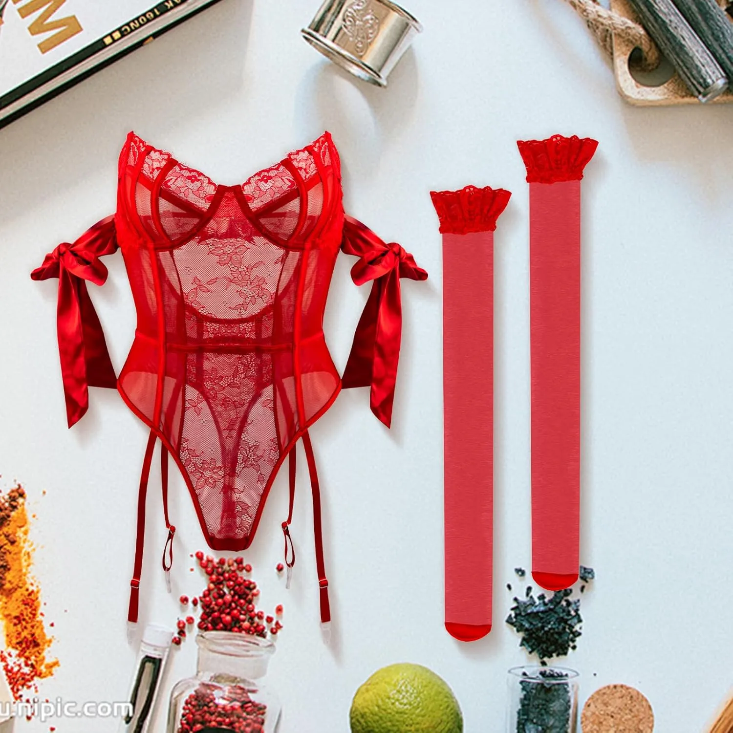 Women Lingerie Sets Lace Bodysuit with Stockings Embroidered Hollow Out Bow Sexy 2 Piece Lingerie Set For Women