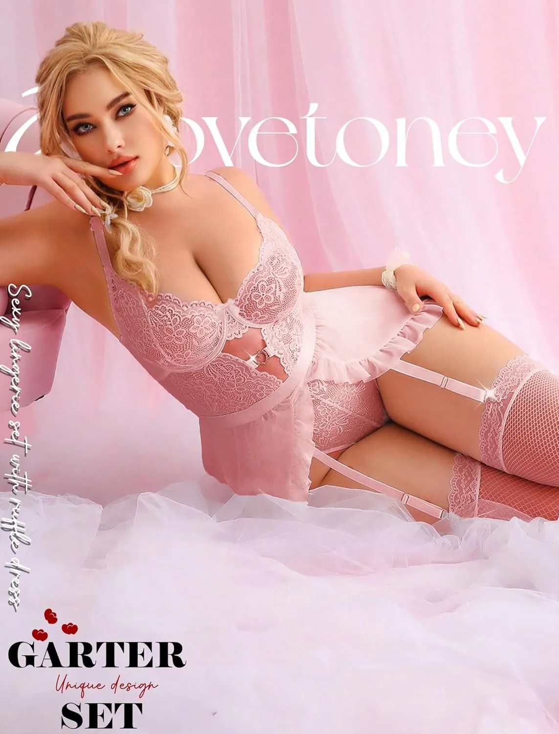 Women Lingerie with Garter Belt 4pcs Set Lace Contrast Mesh Bodysuit Ruffle Garter Belt Skirt & Stockings