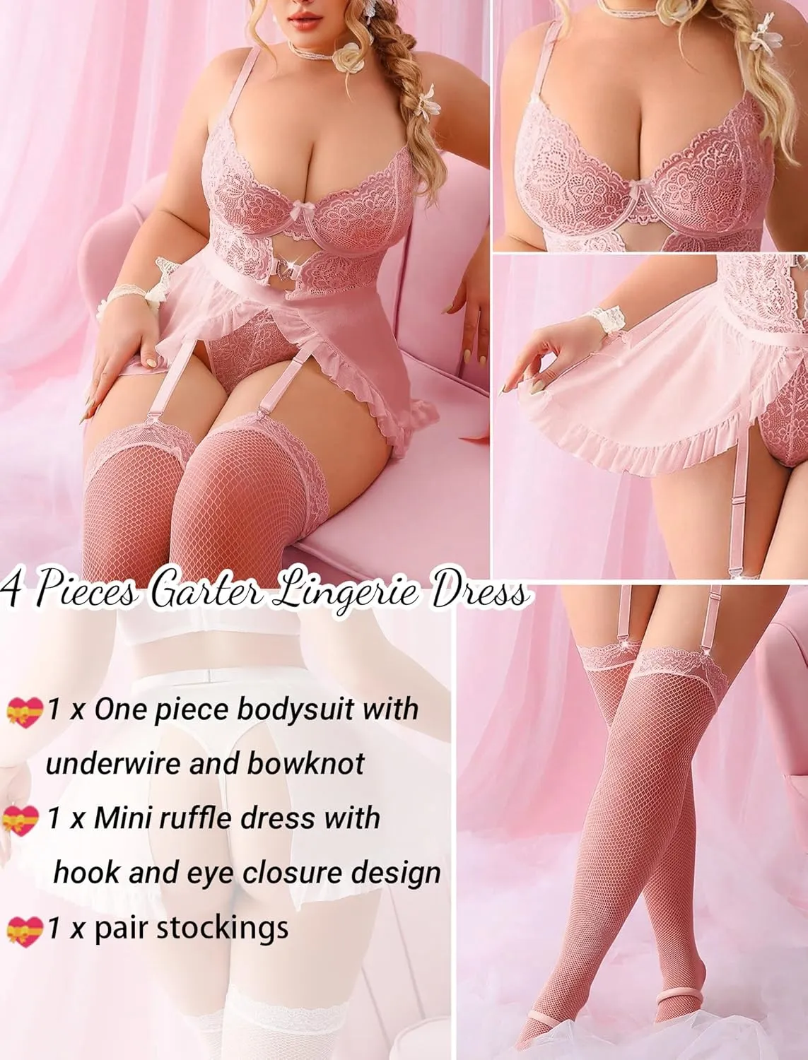 Women Lingerie with Garter Belt 4pcs Set Lace Contrast Mesh Bodysuit Ruffle Garter Belt Skirt & Stockings
