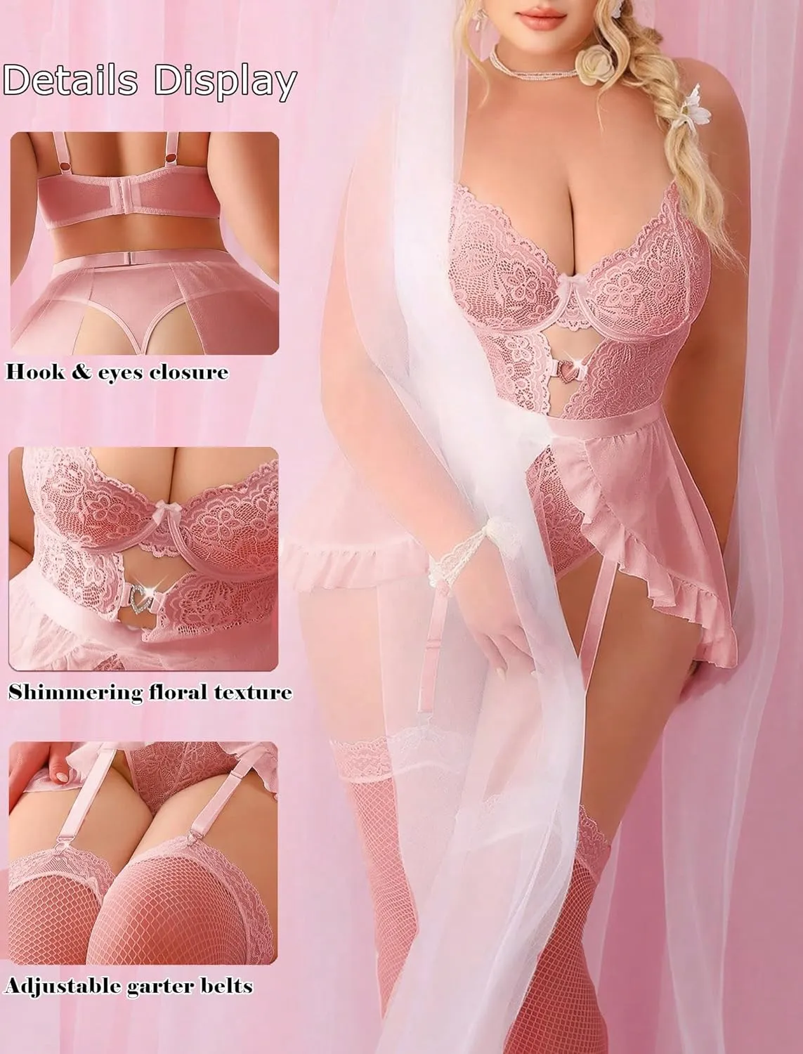 Women Lingerie with Garter Belt 4pcs Set Lace Contrast Mesh Bodysuit Ruffle Garter Belt Skirt & Stockings
