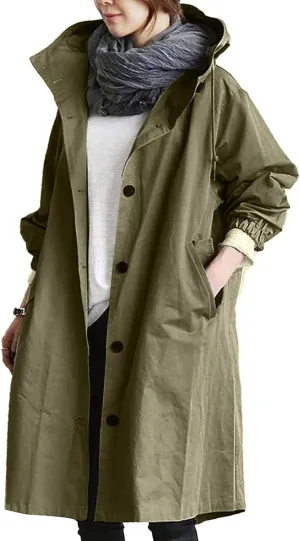 Women Long Raincoat Waterproof Hooded Trench Coats Button Up Windbreaker Travel S-5XL,Rain Jacket Plus Size