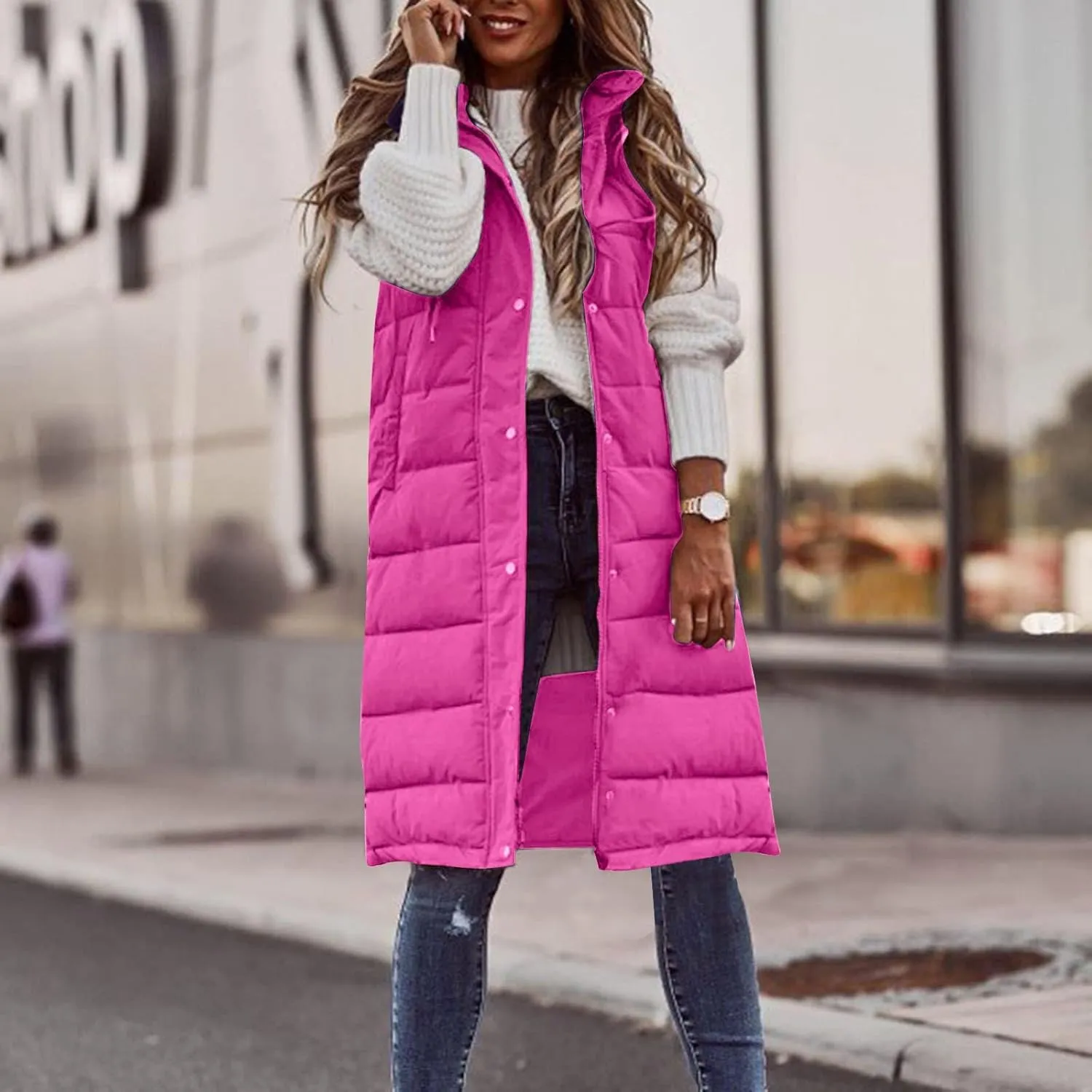 Women Long Vest Coat Down Jacket Warm Winter Sleeveless Quilted Parkas Overcoats Pocket Hooded Puffer Jackets
