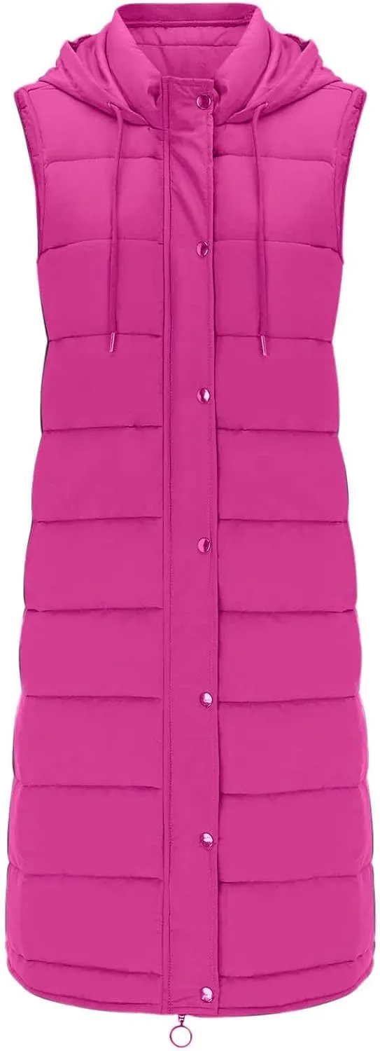 Women Long Vest Coat Down Jacket Warm Winter Sleeveless Quilted Parkas Overcoats Pocket Hooded Puffer Jackets