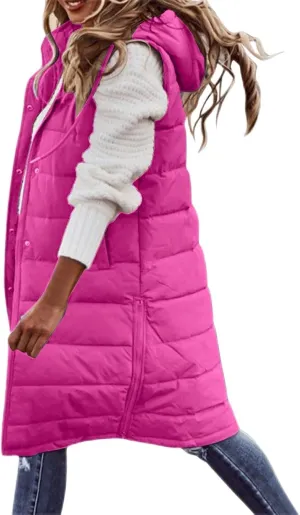 Women Long Vest Coat Down Jacket Warm Winter Sleeveless Quilted Parkas Overcoats Pocket Hooded Puffer Jackets