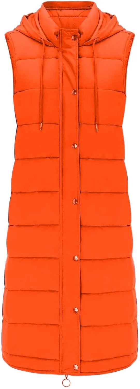 Women Long Vest Coat Down Jacket Warm Winter Sleeveless Quilted Parkas Overcoats Pocket Hooded Puffer Jackets