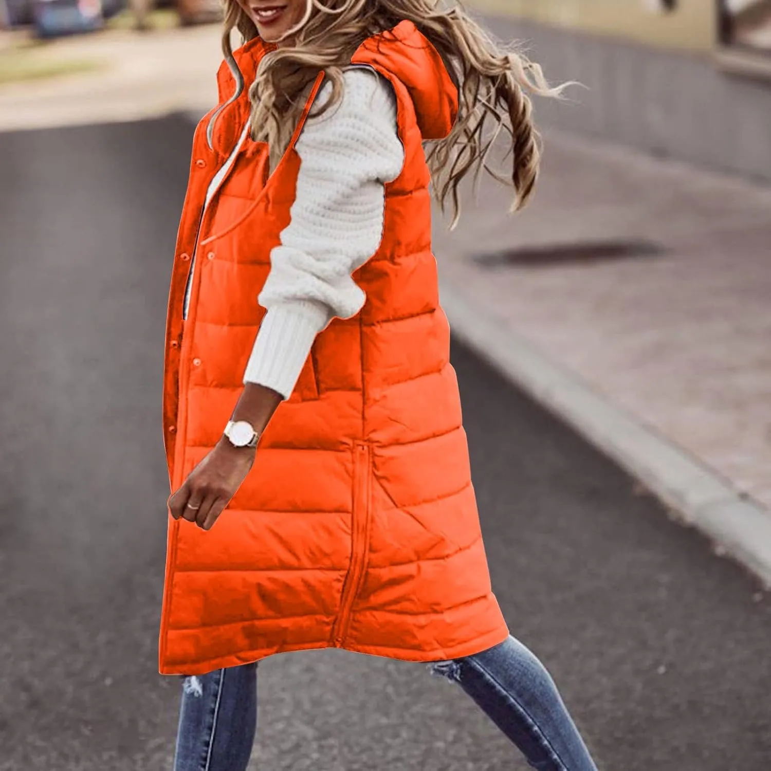 Women Long Vest Coat Down Jacket Warm Winter Sleeveless Quilted Parkas Overcoats Pocket Hooded Puffer Jackets