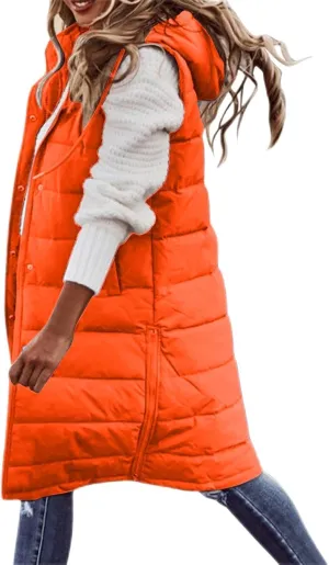 Women Long Vest Coat Down Jacket Warm Winter Sleeveless Quilted Parkas Overcoats Pocket Hooded Puffer Jackets