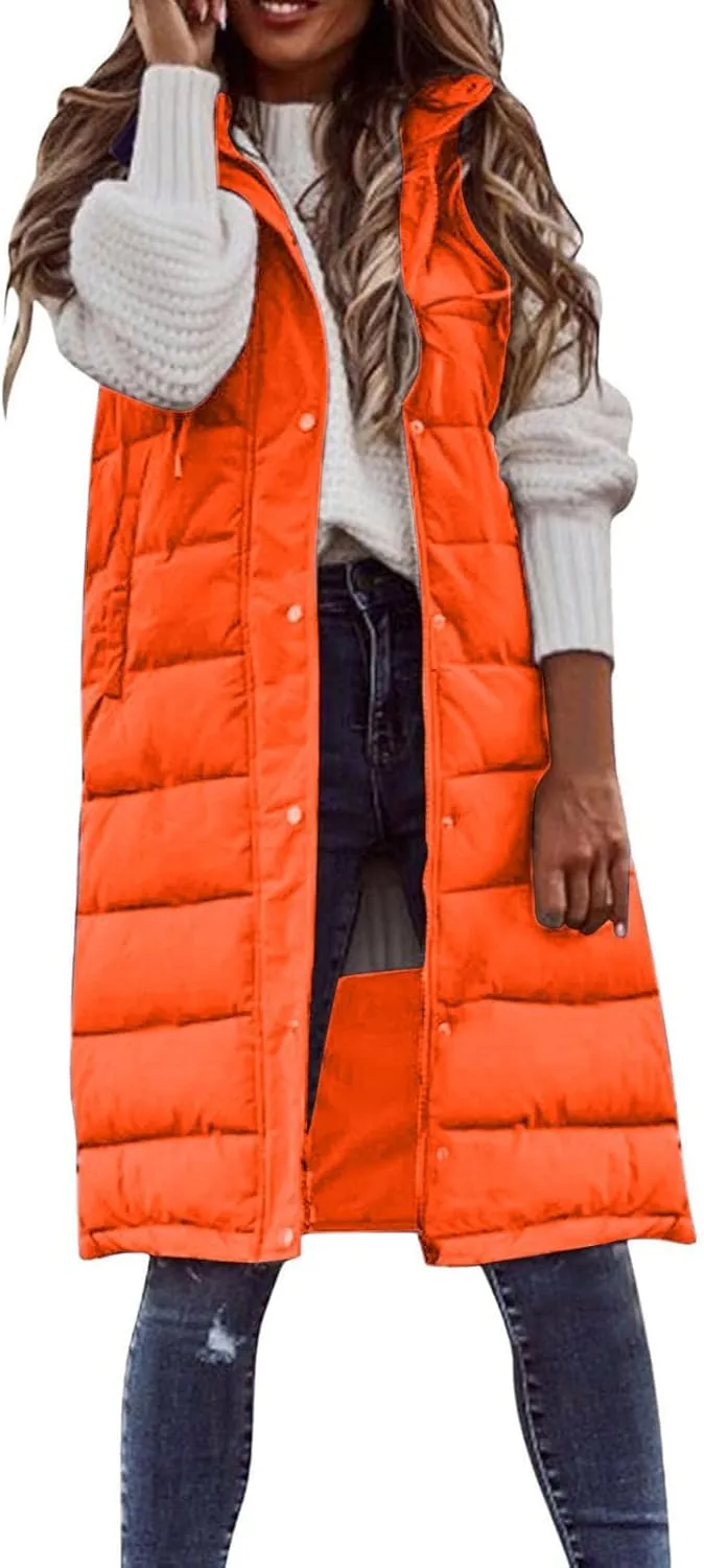 Women Long Vest Coat Down Jacket Warm Winter Sleeveless Quilted Parkas Overcoats Pocket Hooded Puffer Jackets
