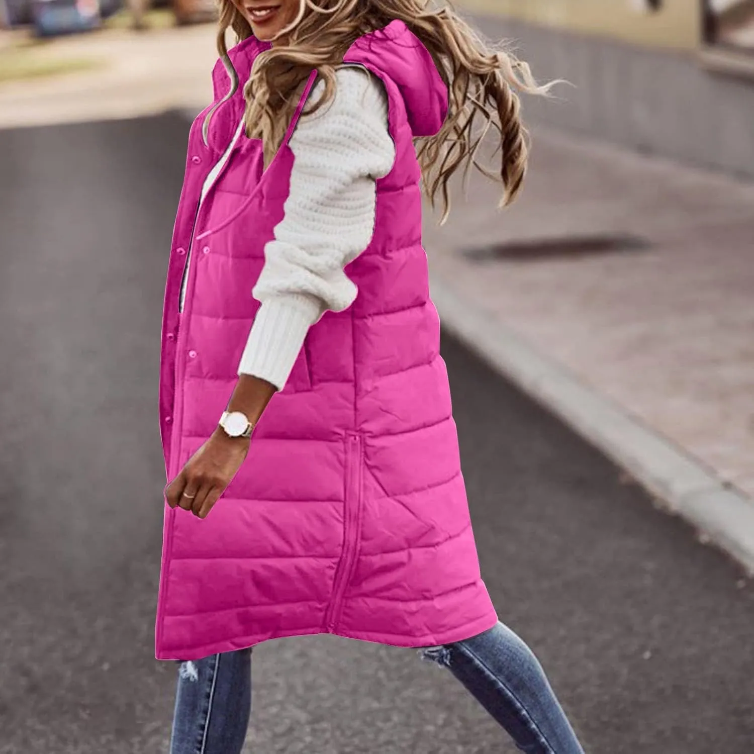 Women Long Vest Coat Down Jacket Warm Winter Sleeveless Quilted Parkas Overcoats Pocket Hooded Puffer Jackets