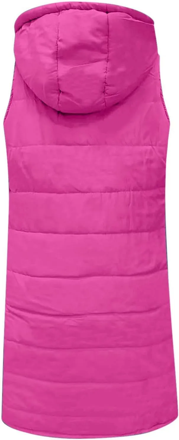 Women Long Vest Coat Down Jacket Warm Winter Sleeveless Quilted Parkas Overcoats Pocket Hooded Puffer Jackets