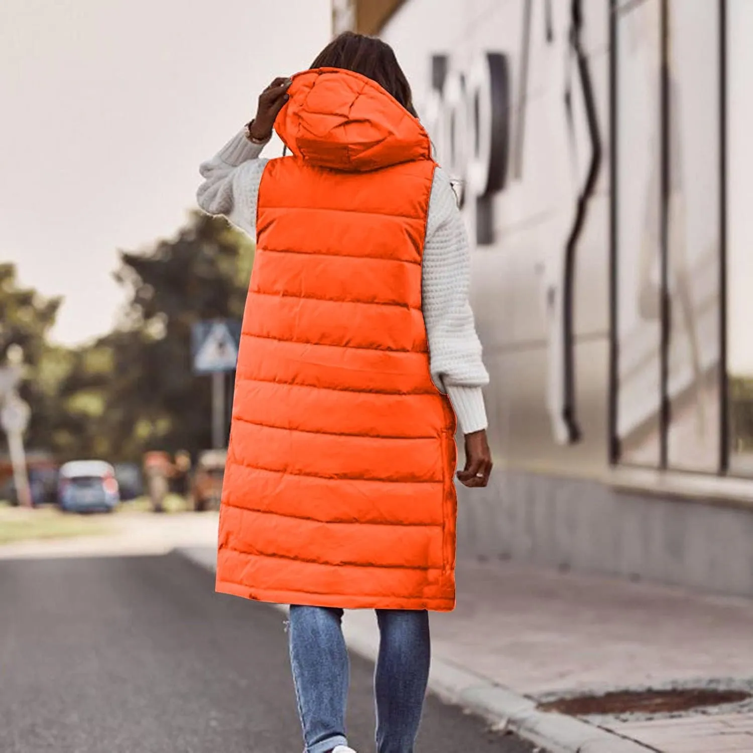 Women Long Vest Coat Down Jacket Warm Winter Sleeveless Quilted Parkas Overcoats Pocket Hooded Puffer Jackets