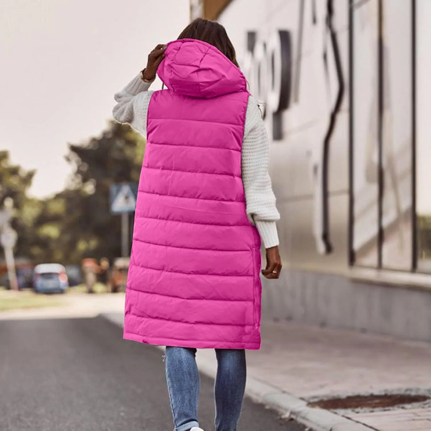 Women Long Vest Coat Down Jacket Warm Winter Sleeveless Quilted Parkas Overcoats Pocket Hooded Puffer Jackets
