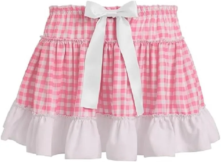 Women Men Gingham Pleated Mini Skirts Ruffle Lace A Line Layered Short Skirts Fairy Princess Costume Sissy Skirt