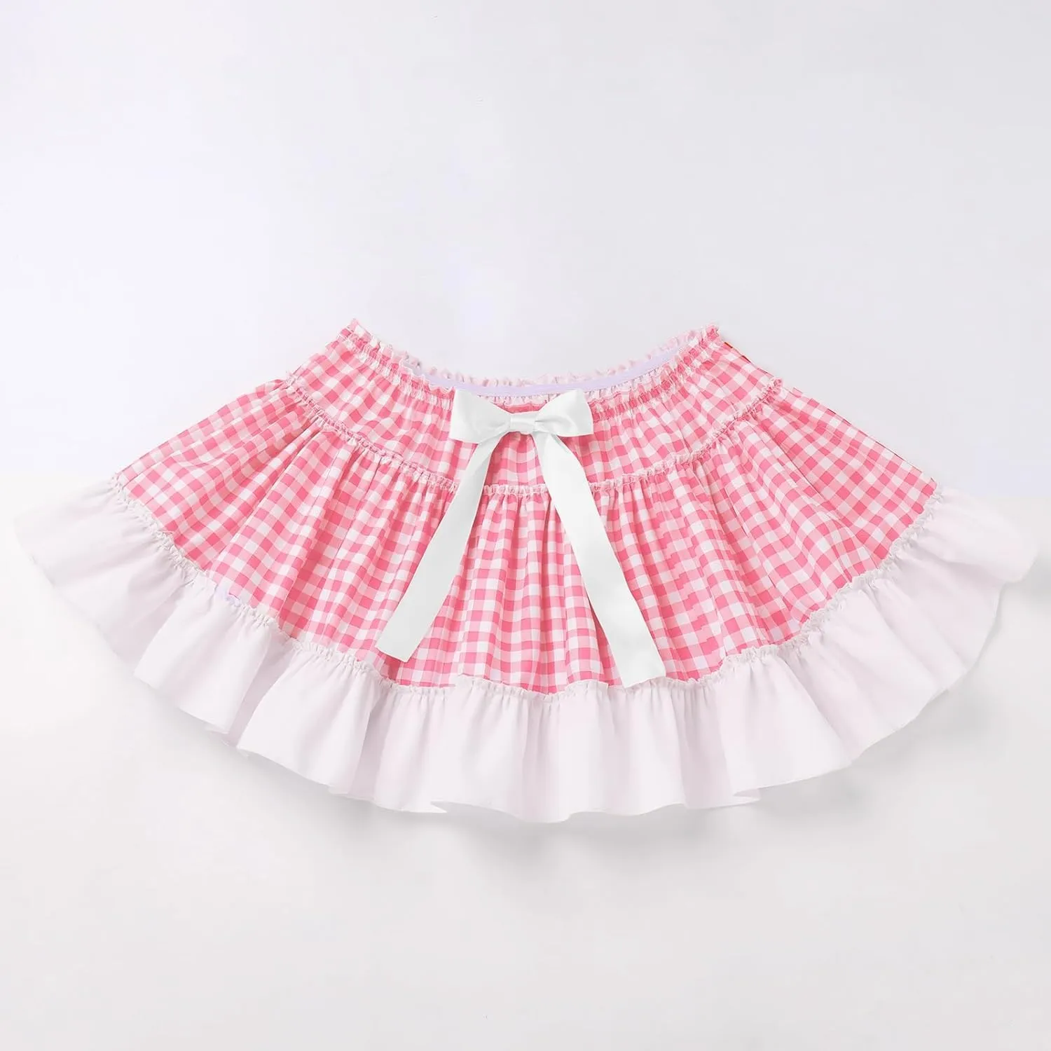 Women Men Gingham Pleated Mini Skirts Ruffle Lace A Line Layered Short Skirts Fairy Princess Costume Sissy Skirt
