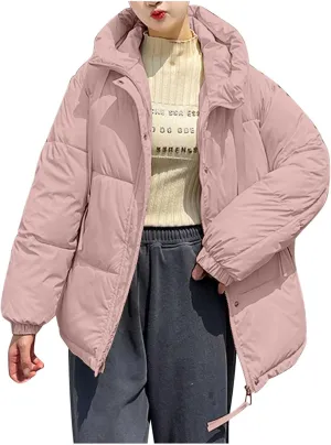 Women Oversized Puffer Jackets Warm Winter Down Coat with Hood Pockets Casual Long Sleeve Zipped Quilted Coat Outwear