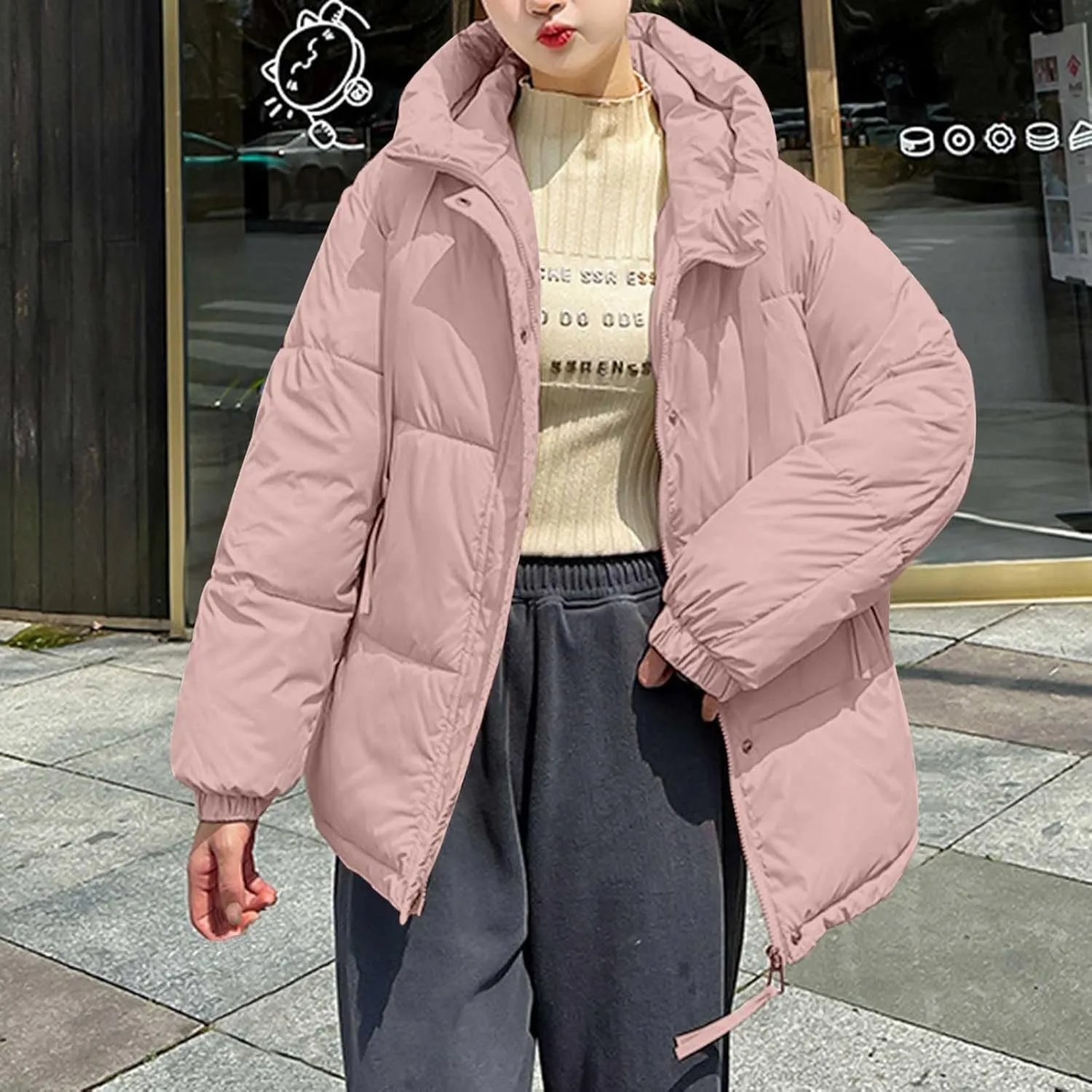 Women Oversized Puffer Jackets Warm Winter Down Coat with Hood Pockets Casual Long Sleeve Zipped Quilted Coat Outwear