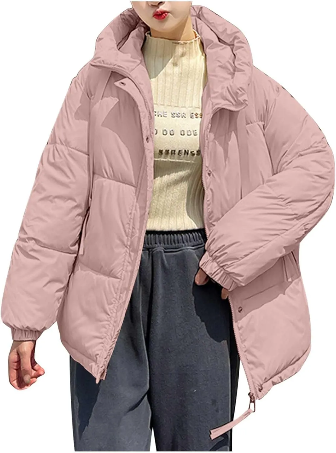 Women Oversized Puffer Jackets Warm Winter Down Coat with Hood Pockets Casual Long Sleeve Zipped Quilted Coat Outwear