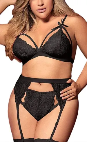 Women Plus Size Lingerie - Sexy Bow Lace Bodysuit Exotic Strap Harness Bra Panty Garter Belt 3pcs Set
