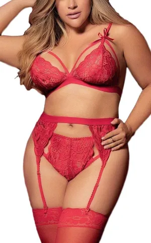 Women Plus Size Lingerie - Sexy Bow Lace Bodysuit Exotic Strap Harness Bra Panty Garter Belt 3pcs Set
