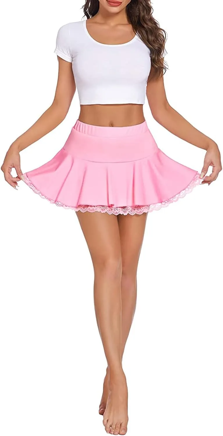 Women Ruffle Mini Skirt Pleated Lace Short Skirts for Schoolgirl Festival Costumes, Party, Beach