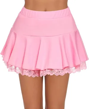 Women Ruffle Mini Skirt Pleated Lace Short Skirts for Schoolgirl Festival Costumes, Party, Beach