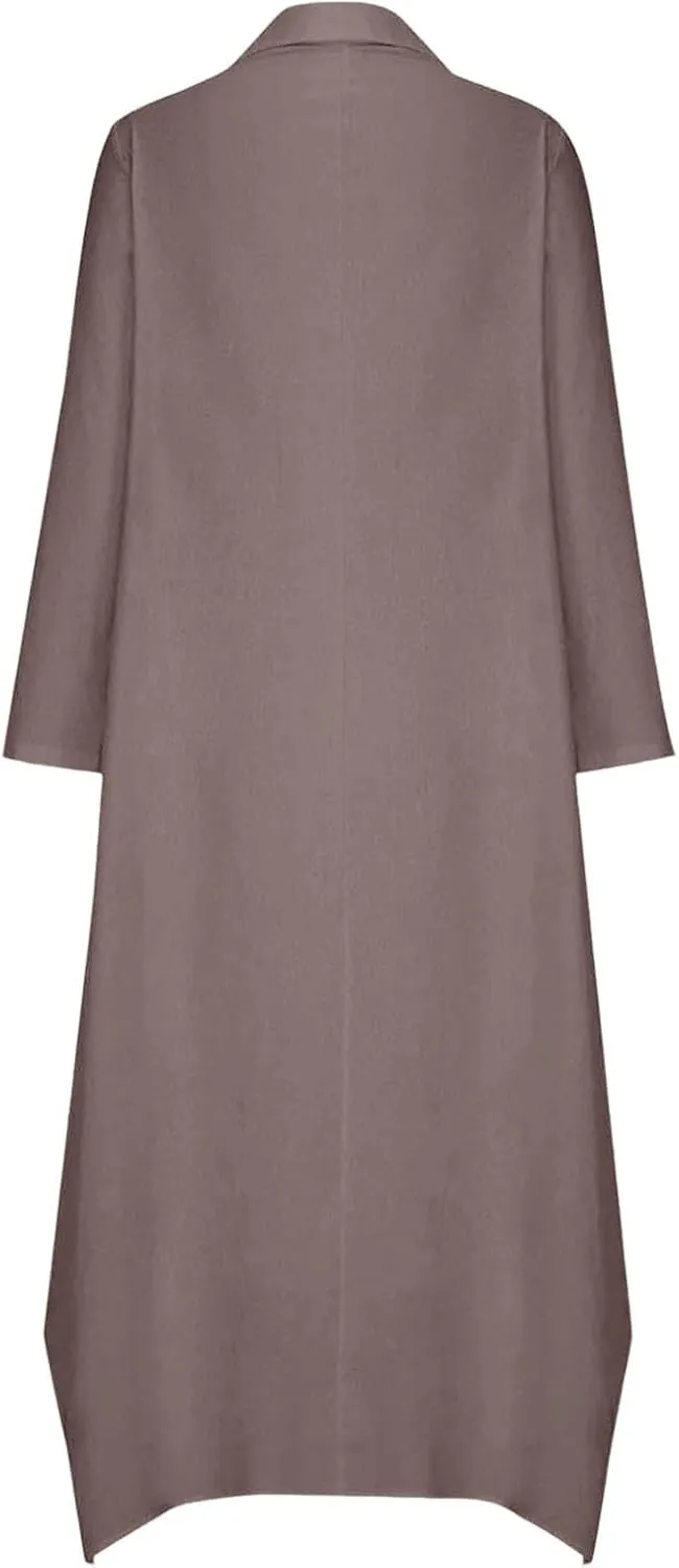 Women Solid Color Long Rolled Sleeve Dress Lapel Collar Button Casual Maxi Dress Loose Fit Basic Dresses with Pockets