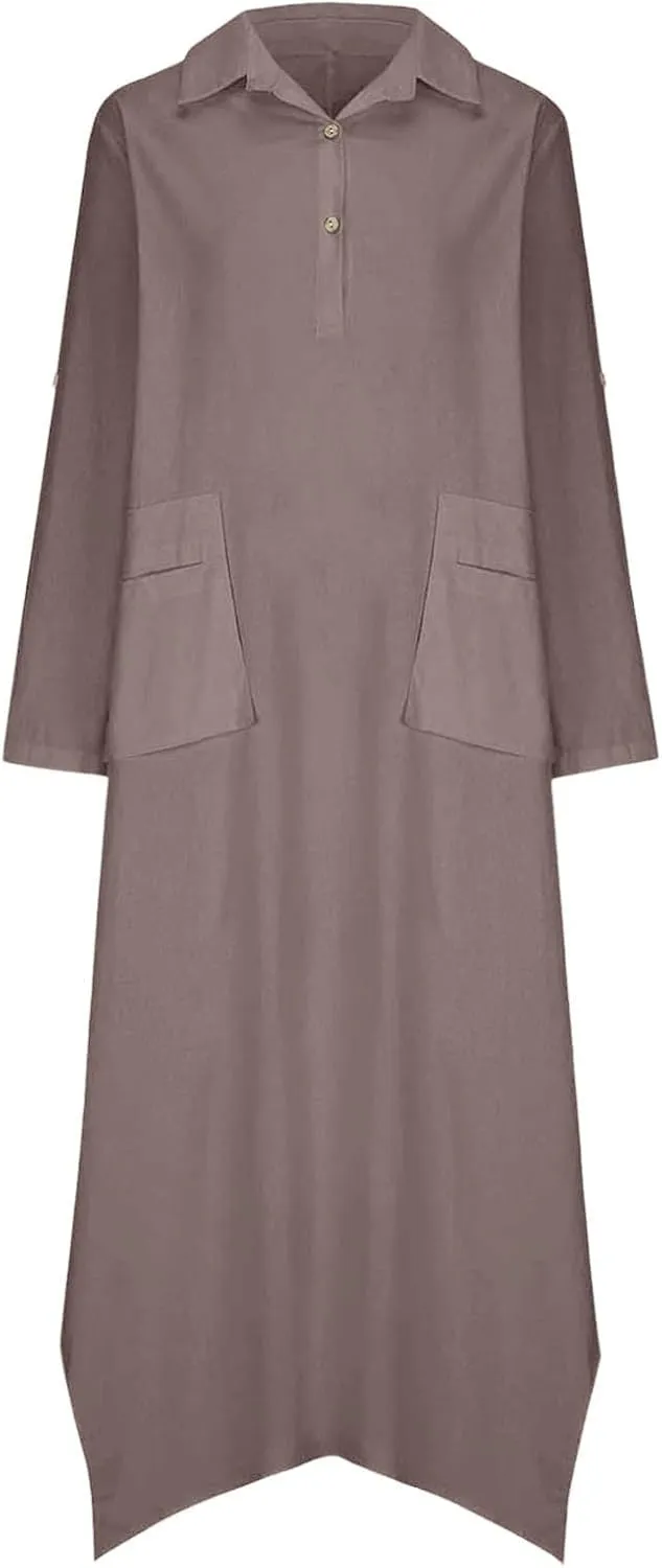 Women Solid Color Long Rolled Sleeve Dress Lapel Collar Button Casual Maxi Dress Loose Fit Basic Dresses with Pockets