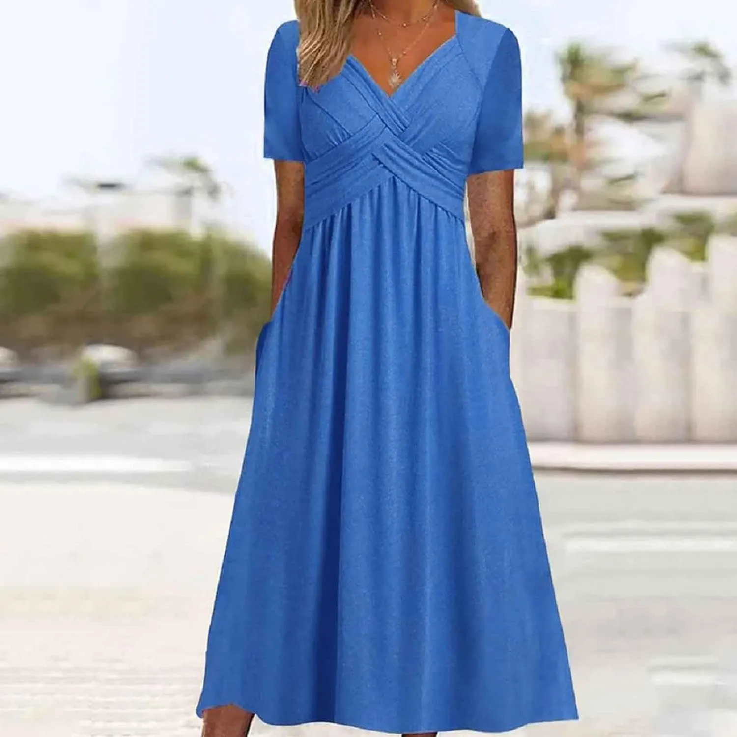 Women Summer Casual Dress V Neck Short Sleeve Pleated Maxi Beach Vacation Dresses with Pockets Boho Sundress