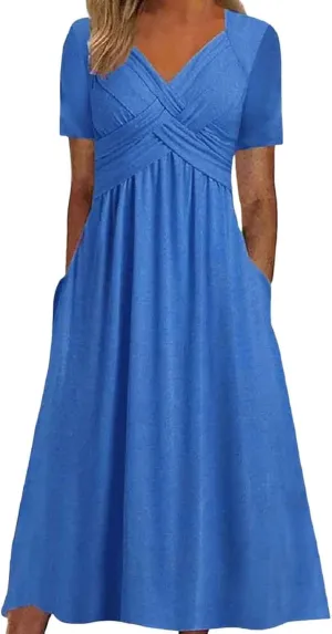 Women Summer Casual Dress V Neck Short Sleeve Pleated Maxi Beach Vacation Dresses with Pockets Boho Sundress