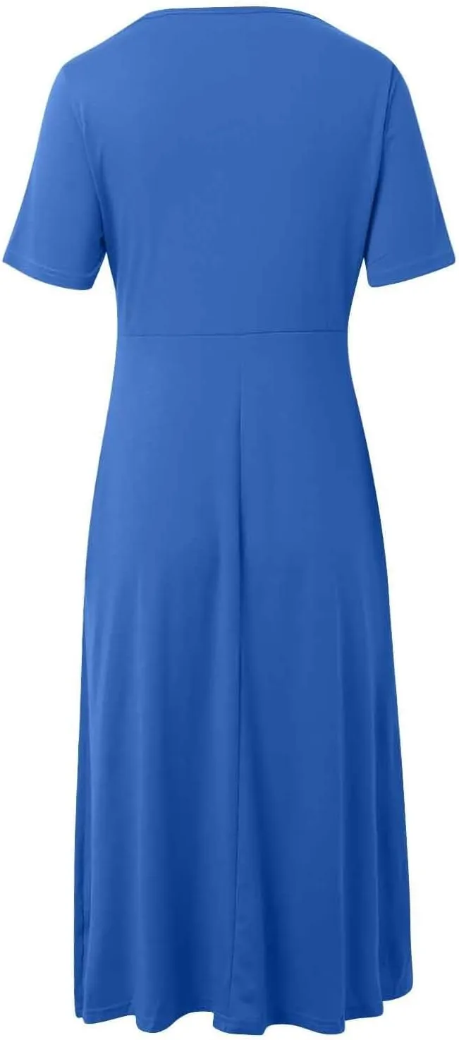 Women Summer Casual Dress V Neck Short Sleeve Pleated Maxi Beach Vacation Dresses with Pockets Boho Sundress