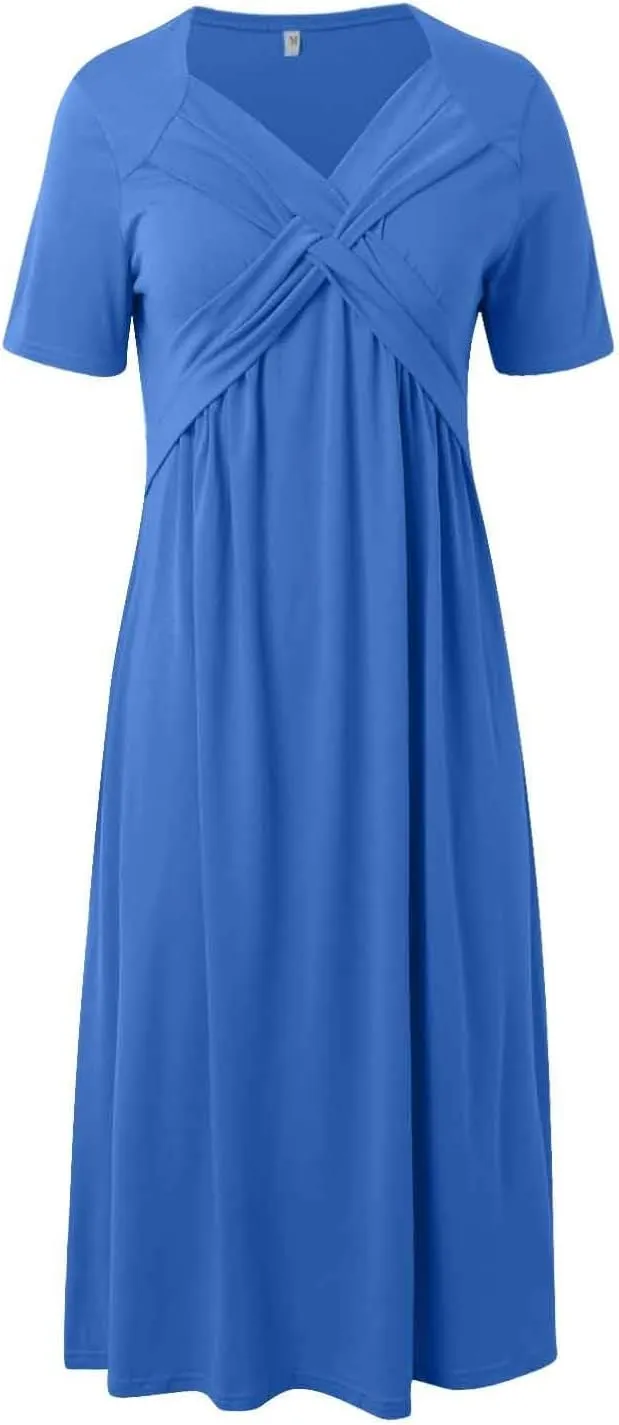 Women Summer Casual Dress V Neck Short Sleeve Pleated Maxi Beach Vacation Dresses with Pockets Boho Sundress
