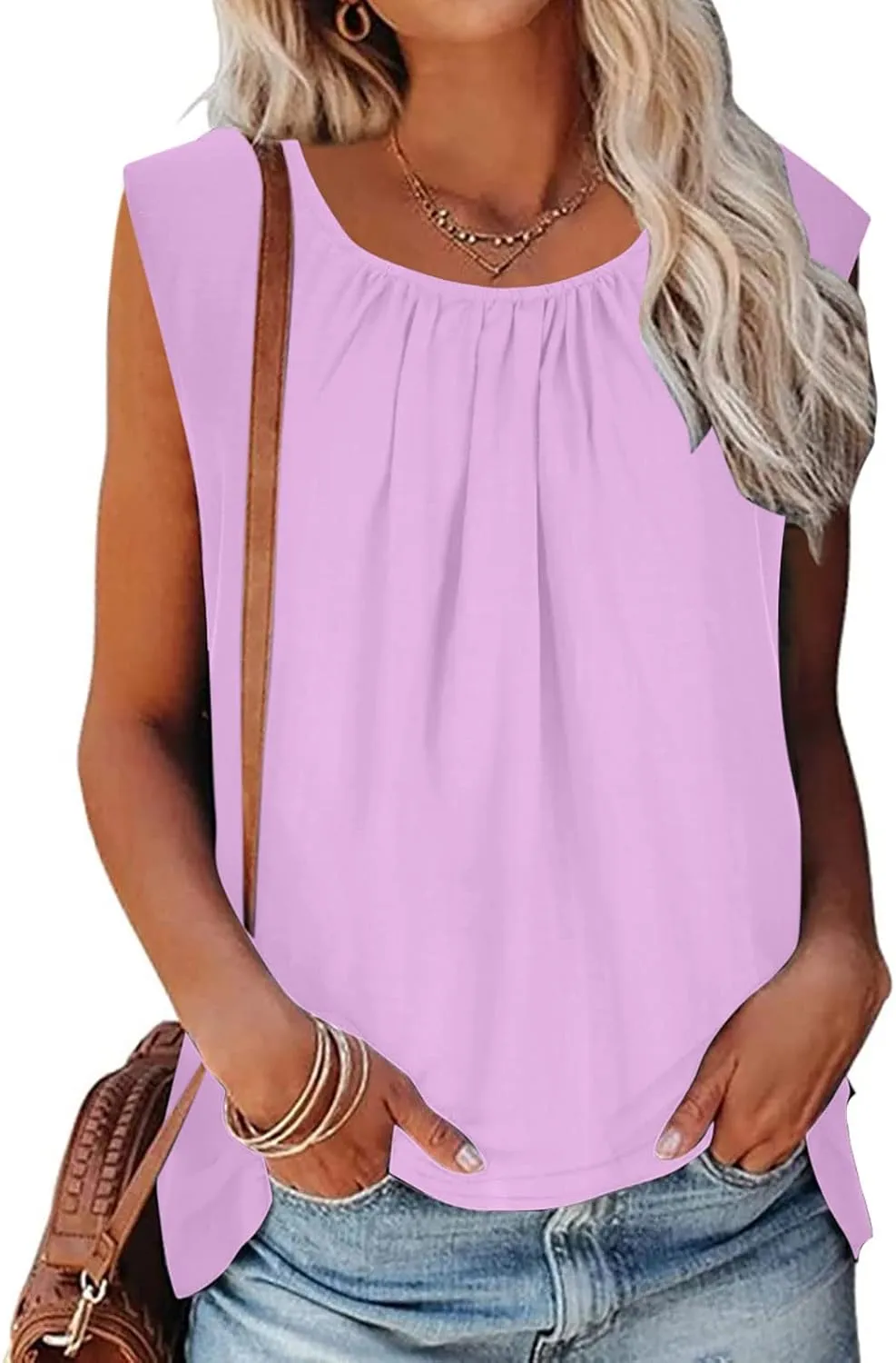 Women Summer Cotton Linen Tank Tops Oversize Sleeveless Crew Neck Beach T-Shirt Loose Fit Flowy Basic Shirts