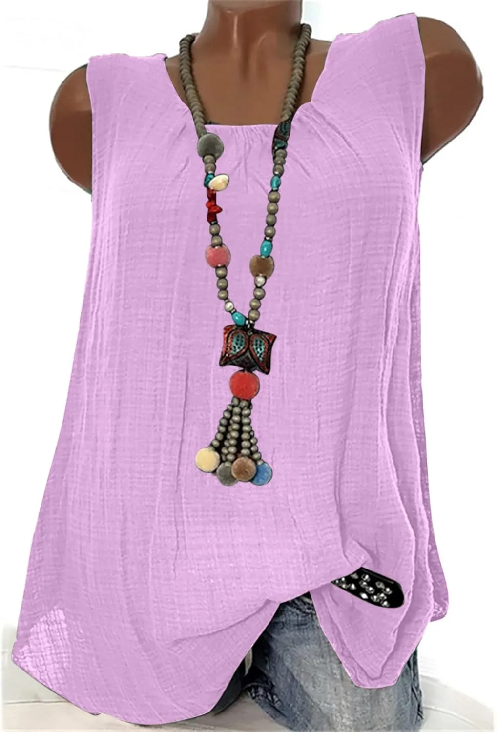 Women Summer Cotton Linen Tank Tops Oversize Sleeveless Crew Neck Beach T-Shirt Loose Fit Flowy Basic Shirts